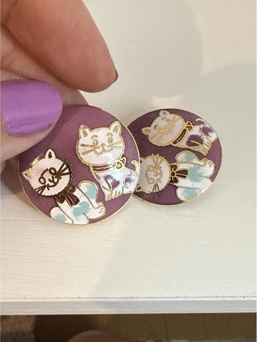 Vintage Cloisonne Purple Enamel Gold Metal Whimsical Kitty Cat Clip-On Earrings